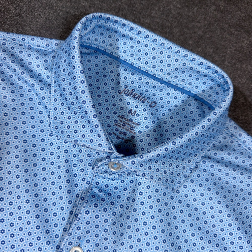 Johnnie-O Polo Shirt Mens M Blue Floral Geometric Performance Short Sleeve Golf